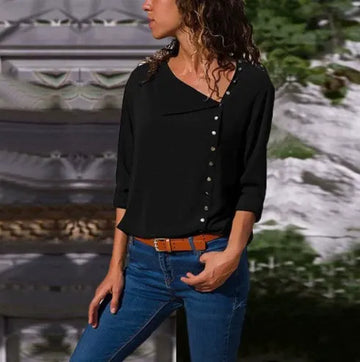 Women’s Shirt Top – Loose Fit – Asymmetrical Button Front – Long Sleeve Casual Style