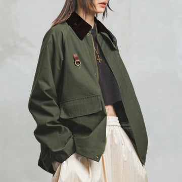 Women’s Oversized Jacket – Corduroy Collar – D-ring Chest Detail – Flap Pockets – Hip Length