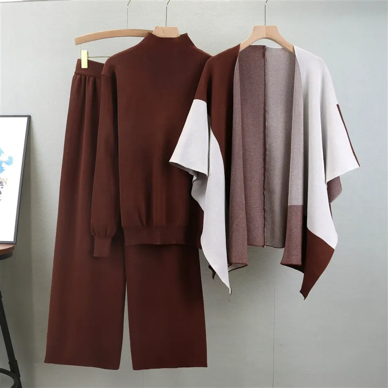 Women’s Knitted Three-Piece Set – Relaxed Fit – Mock Neck – Wide-Leg Pants – Cape Layer