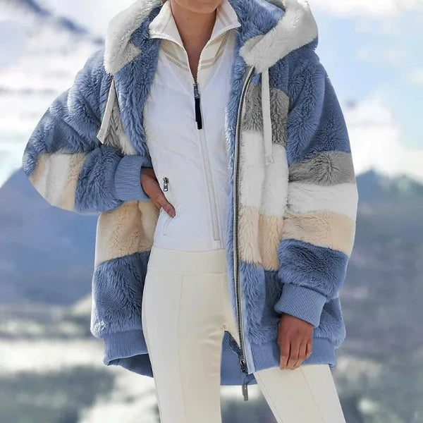 Women’s Hooded Jacket – Oversized Fit – Plush Faux Fur – Zip Front – Ribbed Trim