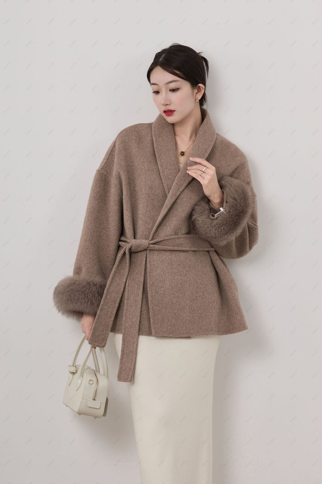 Women’s Short Coat – Wool Blend – Wrap Fit – Shawl Collar – Belted with Detachable Cuffs