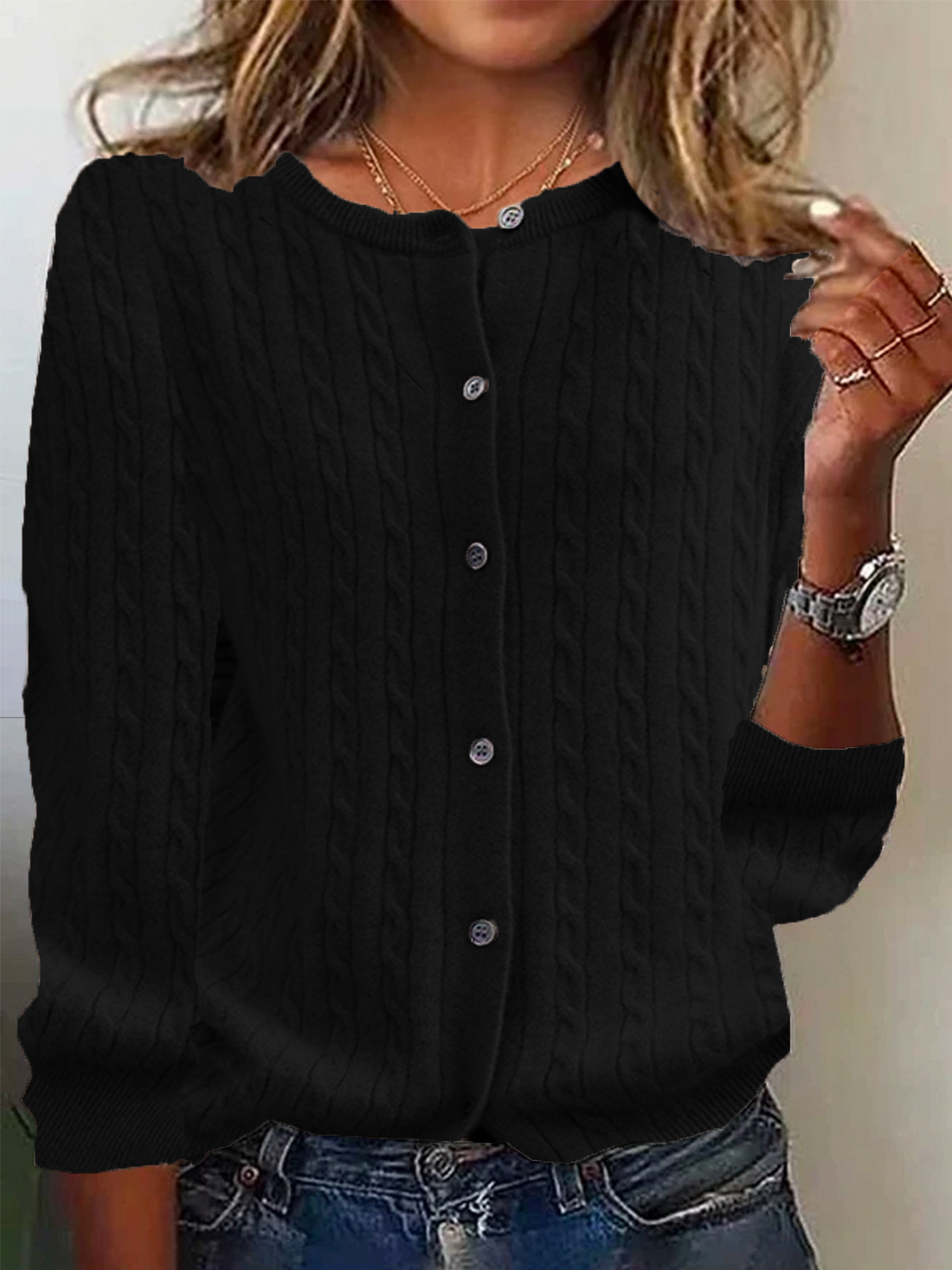 Women’s Cardigan Sweater – Wool Knit – Relaxed Fit – Cable Pattern – Button Front