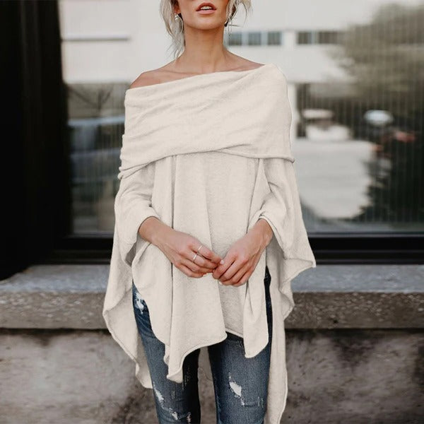 Women’s Off-Shoulder Top – Relaxed Fit – Knit Fabric – Asymmetrical Hem