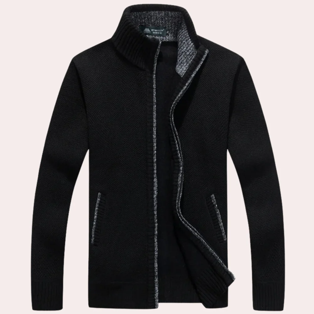Men’s Zip-Front Cardigan – Relaxed Fit – Textured Knit – Stand Collar – Front Pockets
