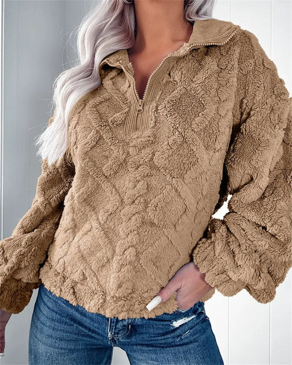 Women’s Pullover Sweatshirt – Oversized Fit – Plush Fleece – Half Zip Stand Collar