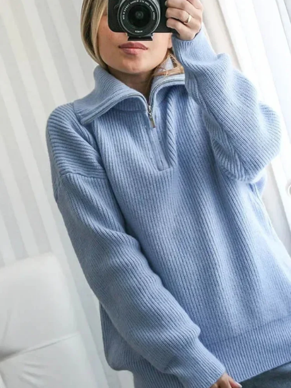 Women’s Pullover Sweater – Wool – Relaxed Fit – High Zip Collar – Ribbed Texture