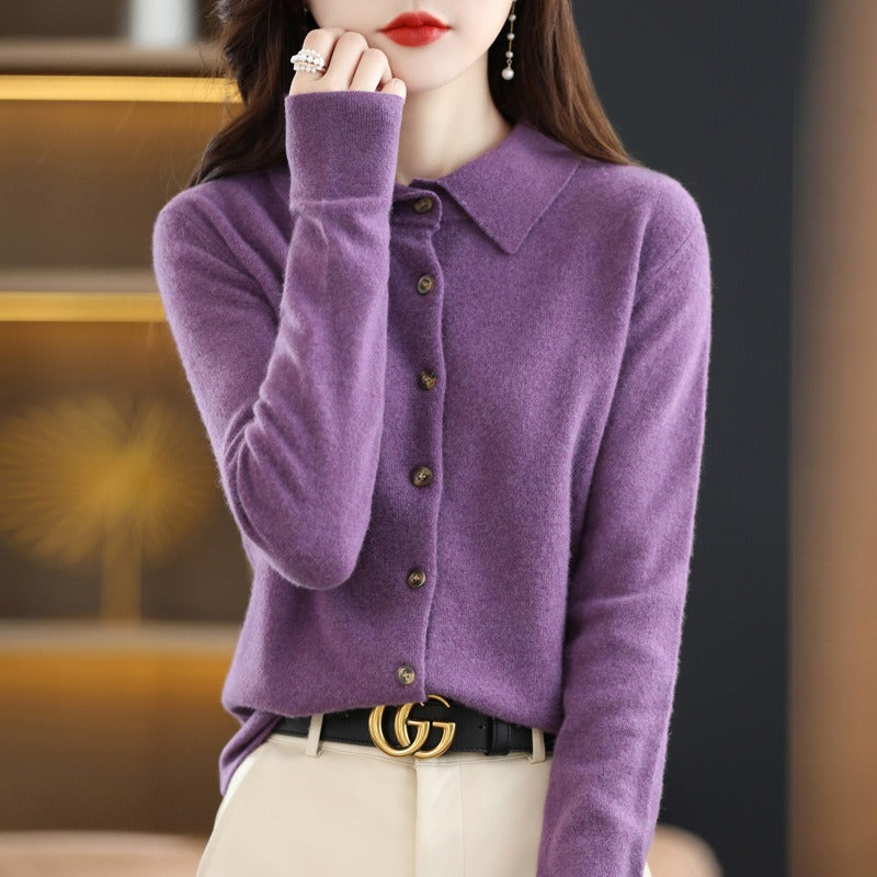 Women’s Cardigan Sweater – Wool Blend – Relaxed Fit – Polo Collar – Button Front