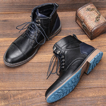 Men’s Short Boots – Leather High Top – Cap Toe – Lace-Up with Zipper – Lug Sole