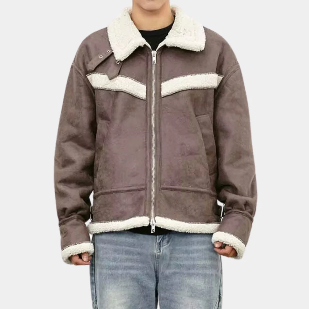 Men’s Bomber Jacket – Relaxed Fit – Brushed Soft Shell – Sherpa Collar and Cuffs – Full Zip