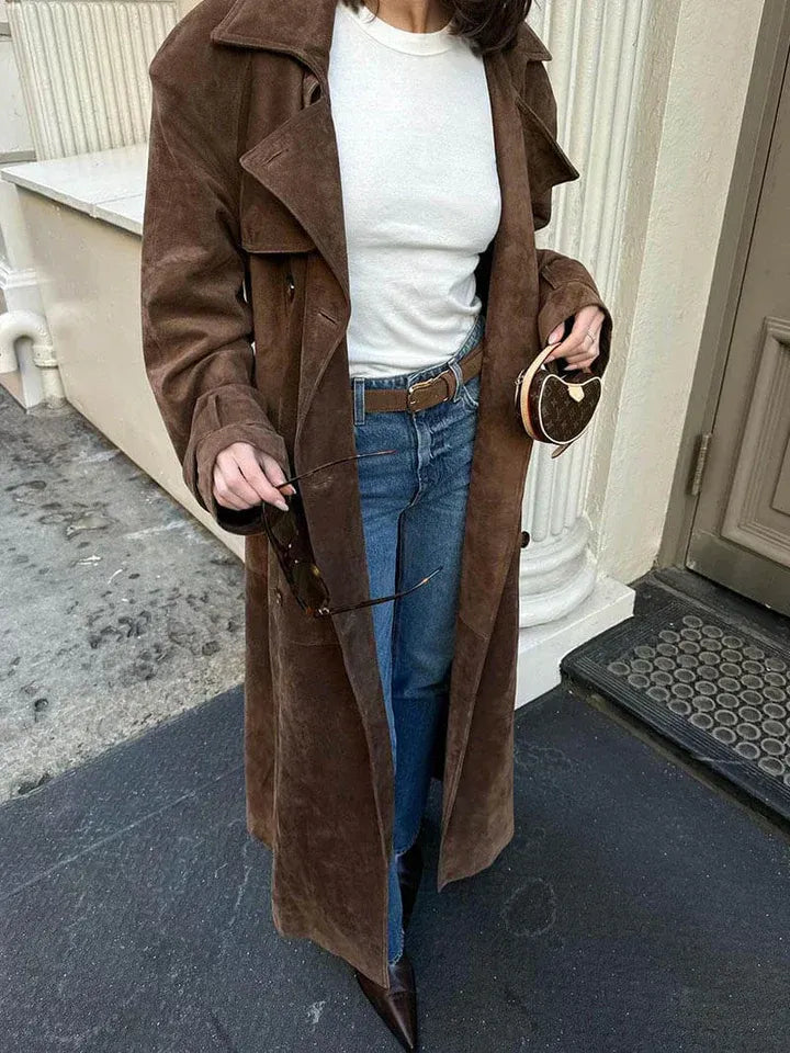 Women’s Trench Coat – Tailored Fit – Suede Finish – Double-Breasted – Belted Waist
