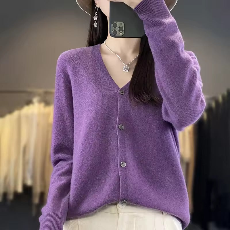 Women’s Sweater – Wool Blend – Relaxed Fit – V-Neck – Button Front – Long Sleeve