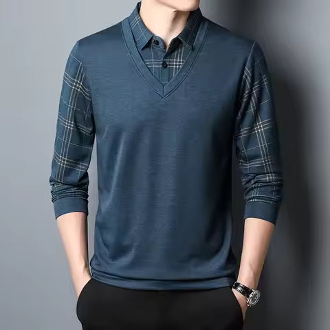 Men’s Pullover Sweatshirt – Slim Fit Knit – Faux Layered V-Neck – Plaid Sleeve Detail