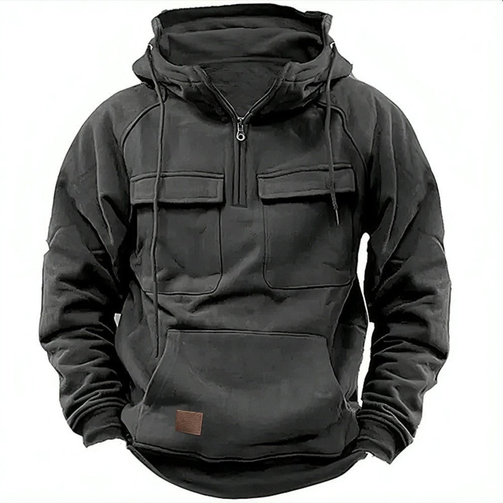 Men’s Hoodie – Relaxed Fit – Cotton Fleece – Half Zip – Chest Flap Pockets – Drawstring Hood