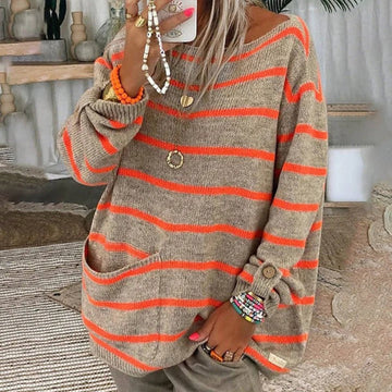 Women’s Pullover Jumper – Oversized Fit – Knitted Striped – Dropped Shoulders – Pocket