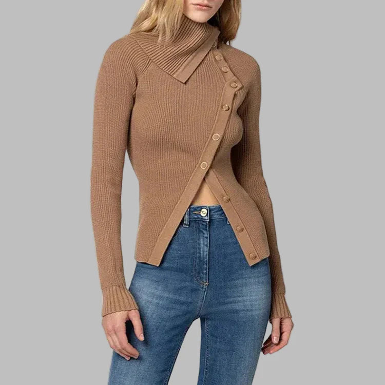 Women’s Knit Top – Slim Fit – Ribbed Texture – Asymmetrical Collar – Button Front