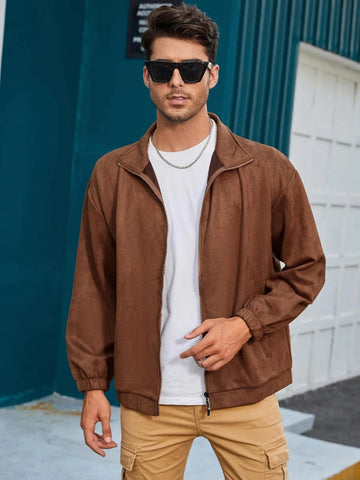 Men’s Zip-Up Jacket – Faux Suede – Relaxed Fit – Stand Collar – Elastic Hem & Cuffs