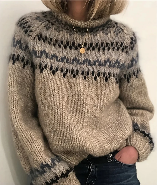 Women’s Turtleneck Sweater – Chunky Wool – Relaxed Fit – Nordic Knit Pattern