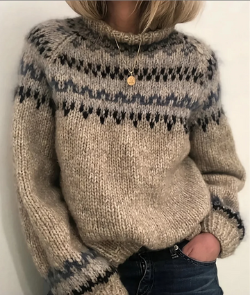 Women’s Turtleneck Sweater – Chunky Wool – Relaxed Fit – Nordic Knit Pattern