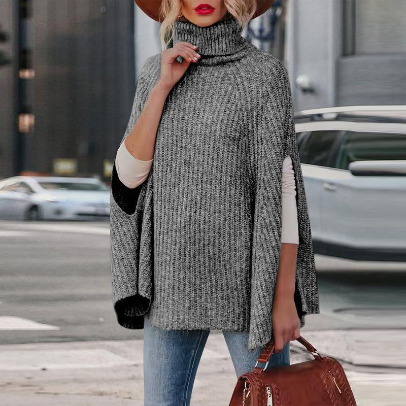 Women’s Sweater Cape – Loose Fit – Knit Wool Blend – High Neck – Arm Slits