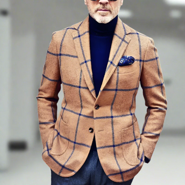 Men’s Blazer – Tailored Fit – Wool Blend – Check Pattern – Notched Lapel – Formal Wear