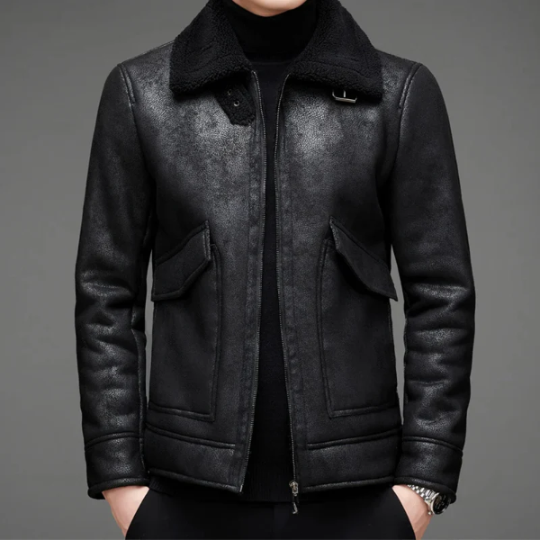 Men’s Leather Jacket – Regular Fit – Shearling Collar – Zip Closure – Vintage Style
