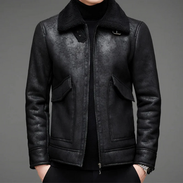 Men’s Leather Jacket – Regular Fit – Shearling Collar – Zip Closure – Vintage Style
