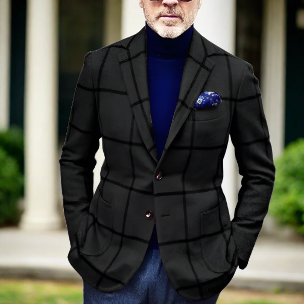 Men’s Blazer – Tailored Fit – Wool Blend – Check Pattern – Notched Lapel – Formal Wear