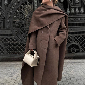 Women’s Long Coat – Wool – Double-Breasted – Oversized Fit – Scarf Cape Detail