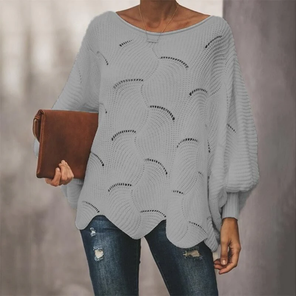 Women’s Knit Sweater – Relaxed Fit – Wool Blend – Scalloped Hem – Batwing Sleeves