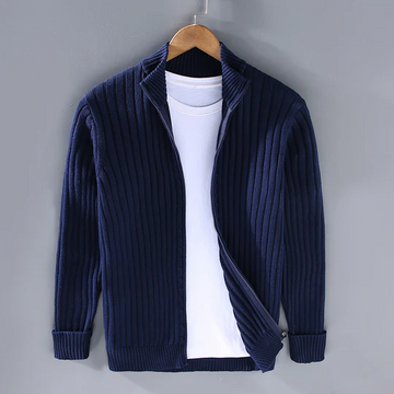 Men’s Cardigan – Slim Fit – Cotton Ribbed Texture – Zip Front – Smart Casual Layering