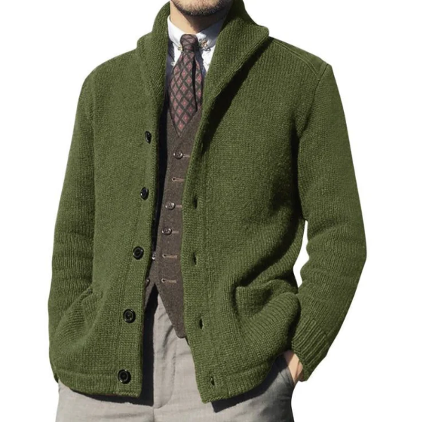 Men’s Knitted Jacket – Wool Blend – Classic Fit – Button Front – Ribbed Collar Layer