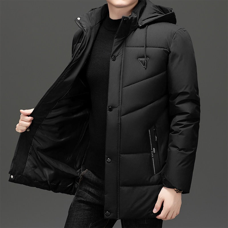Men’s Parka Jacket – Quilted Insulated – Detachable Hood – Mid-Thigh Length – Zip Pockets