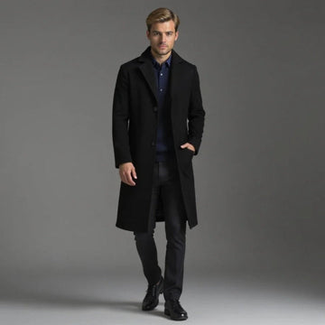 Men’s Long Coat – Tailored Fit – Wool Blend – Single-Breasted – Formal Style