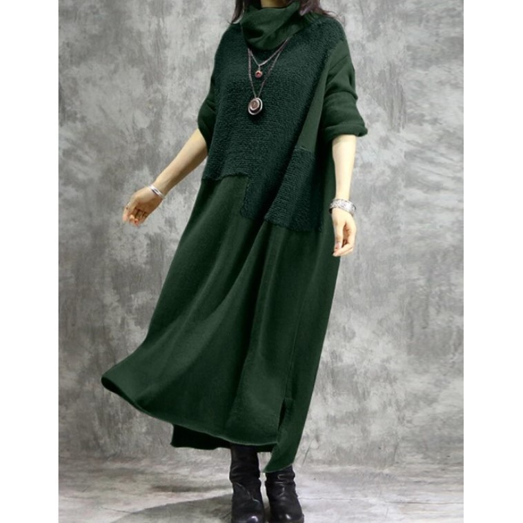 Women’s Long Sleeve Dress – Wool Knit – High Collar – Relaxed Fit – Full Length