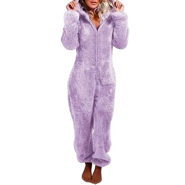 Women’s Hooded Onesie – Plush Fuzzy Fabric – Full Length – Relaxed Fit Loungewear