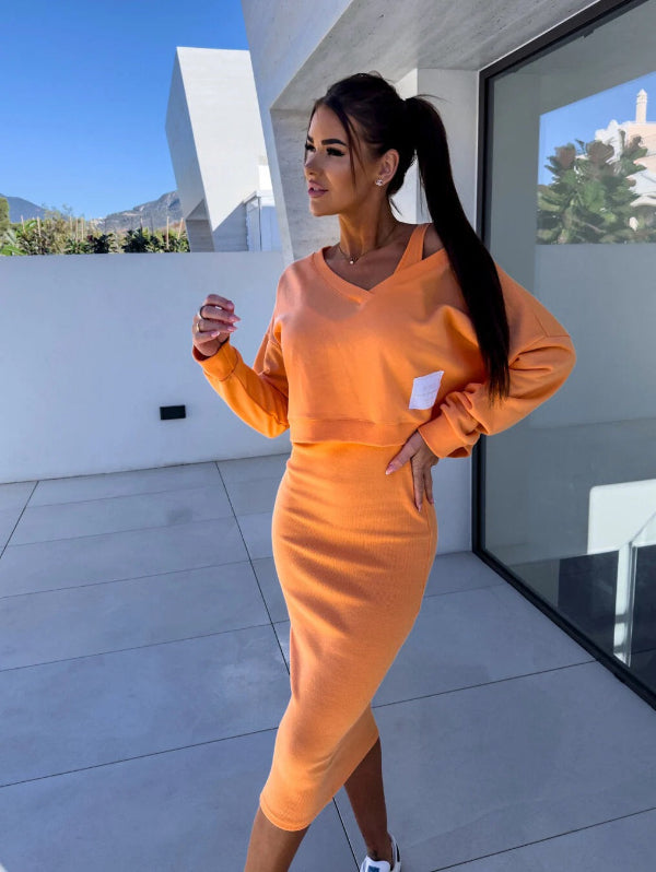 Women’s 2-Piece Sweatshirt Dress Set – Cotton Blend – Slim Fit – V-Neck – Midi Length