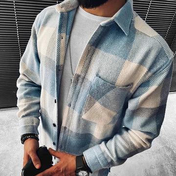 Men’s Overshirt – Relaxed Fit – Button-Down – Textured Cotton Blend – Check Pattern