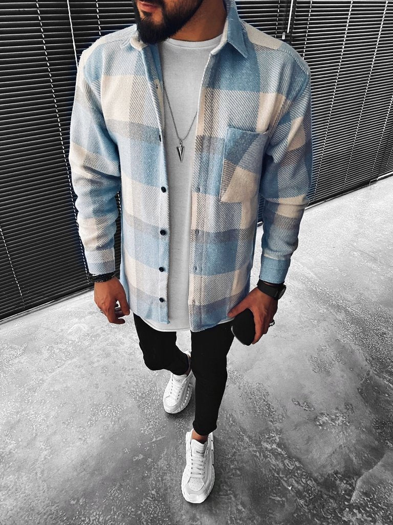 Men’s Overshirt – Relaxed Fit – Button-Down – Textured Cotton Blend – Check Pattern