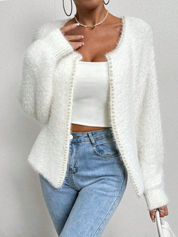 Women’s Cardigan – Soft Knit – Pearl Trim – V-Neck – Relaxed Fit Draped Layering