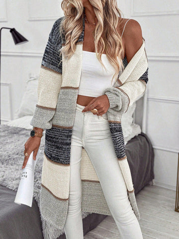 Women’s Knit Cardigan – Relaxed Fit – Wool Blend – Long Length – Open Front – Striped