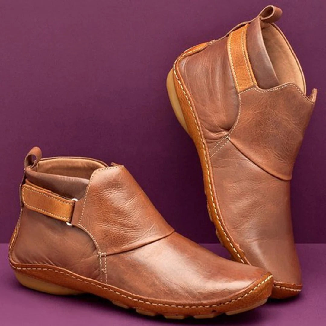 Women’s Ankle Boots – Leather – Rounded Toe – Strap Buckle – Breathable Casual Fit