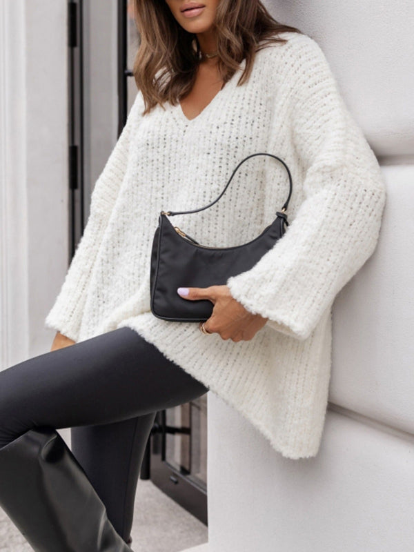 Women’s Pullover Sweater – Loose Fit – V-Neck – Knitted Ribbed – Soft Wool Feel
