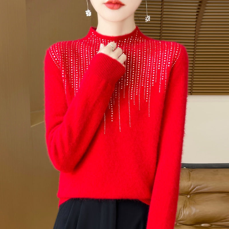 Women’s Sweater – Wool Knit – Loose Fit – High Neck – Rivet Diamond Detail – Long Sleeve