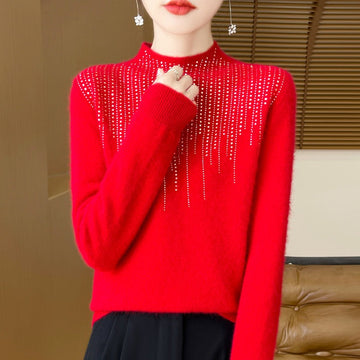 Women’s Sweater – Wool Knit – Loose Fit – High Neck – Rivet Diamond Detail – Long Sleeve