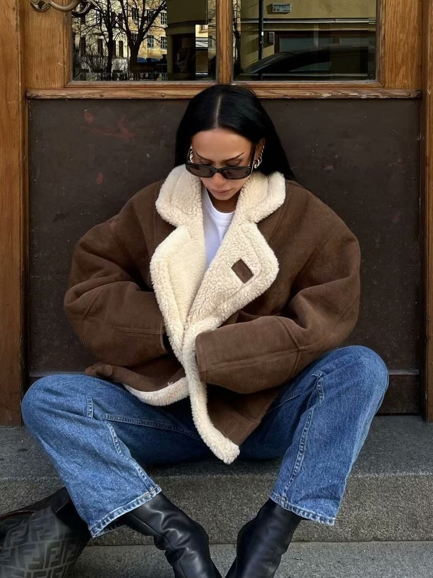 Women’s Coat – Oversized Fit – Fleece Lined – Suede-Look – Notched Lapel – Mid Hip Length