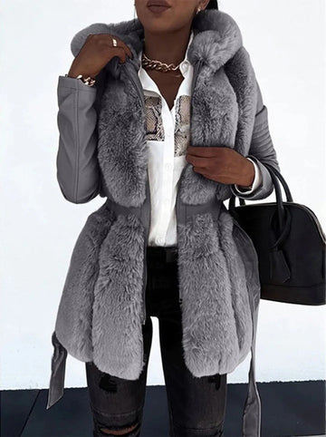 Women’s Faux Leather Jacket – Tailored Fit – Faux Fur Collar – Belted Mid-Thigh Length