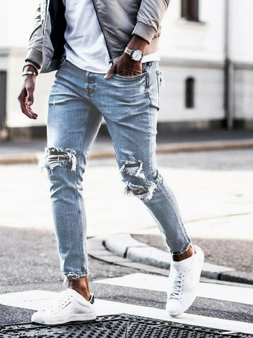 Men’s Slim-Fit Jeans – Distressed Denim – Full Length – Casual Style