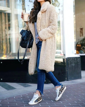 Women’s Long Fleece Jacket – Oversized Fit – Sherpa Feel – Notched Lapel – Open Front