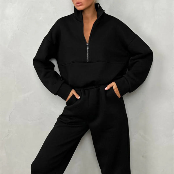 Women’s Two-Piece Sweat Set – Relaxed Fit – High Collar Zip Top – Elastic Waist – Cotton Blend