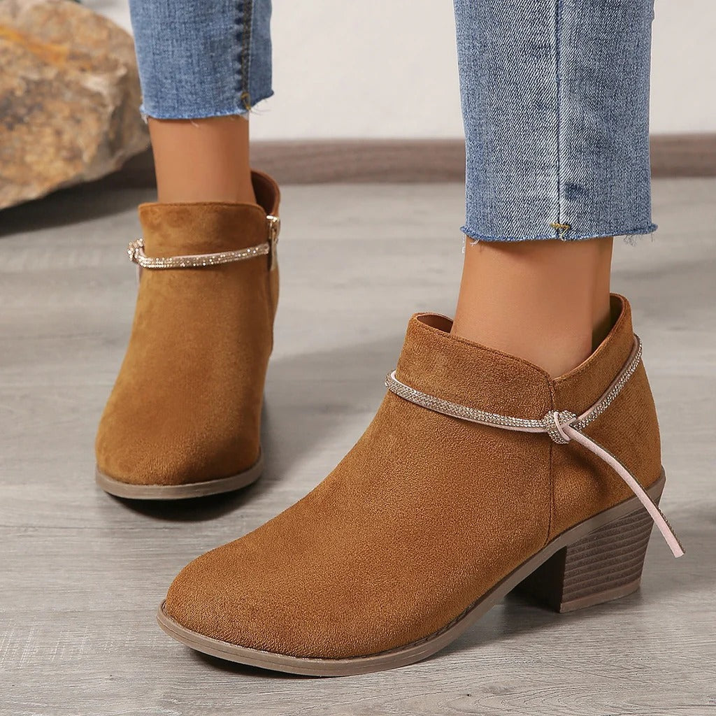 Women’s Ankle Boots – Suede Touch – Decorative Chain Detail – Chunky Heel – Zip Fastening